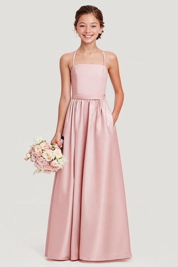 Simple Blush A Line Satin Spaghetti Straps Long Junior Bridesmaid Dress